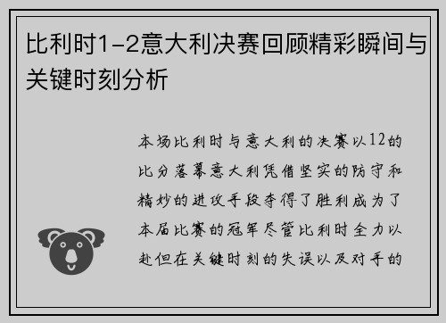 比利时1-2意大利决赛回顾精彩瞬间与关键时刻分析